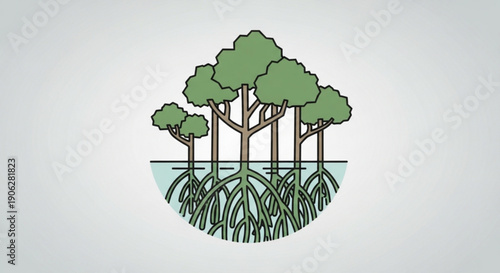 Mangrove trees with exposed roots in water illustration of green foliage and trunks in a swampy environment