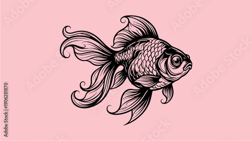 Elegant Black and White Fish Illustration on Pink Background.
