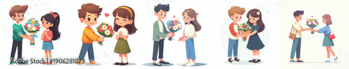 vector of two children standing giving flower