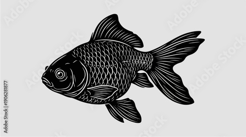 Elegant black and white illustration of a goldfish swimming gracefully.