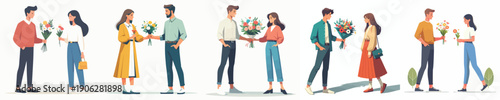 vector of a couple standing giving flowers on Valentine's Day