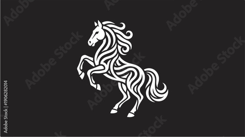 Elegant white horse rearing up on hind legs against black background.