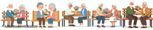 vector of  old couple sitting on park bench giving flowers on Valentine's Day