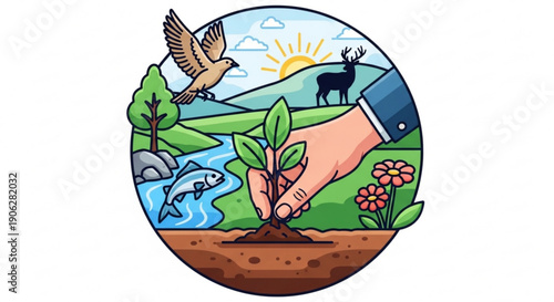 Hand planting a green sapling in fertile soil with lush landscape wildlife and sunny sky