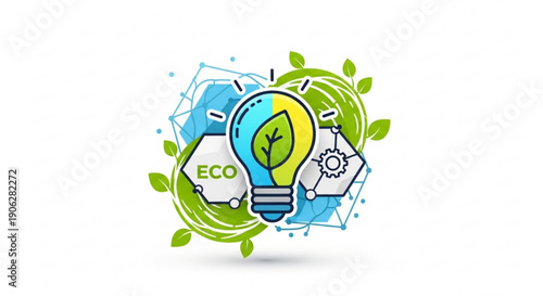 Eco friendly light bulb with green leaf and gear icons symbolizing sustainable innovation and environmentally responsible technology solutions for a greener future