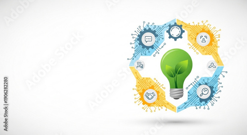 Green light bulb with creative idea icons around it symbolizing innovation and inspiration in business and technology