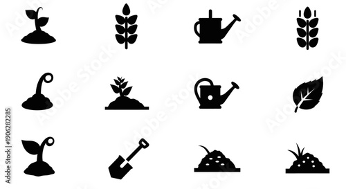 Flat Gardening Icon Set with Sprouts and Watering Can
