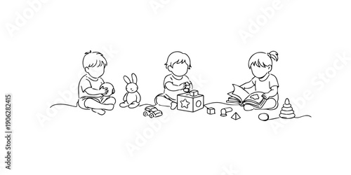 Single line style illustration of children playing and learning together. Minimalist line art showing kids activities with toys and drawing, representing childhood development, creativity, education, 