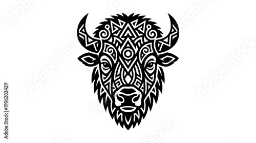 Intricate Bison Head Design - A Detailed Tribal Pattern.