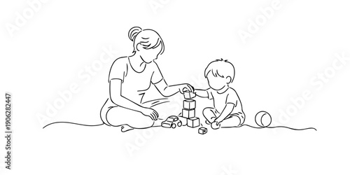Single line style illustration of a mother playing with her child. Minimalist line art showing family bonding activity, representing parenting, childhood development, love, and daily family life.