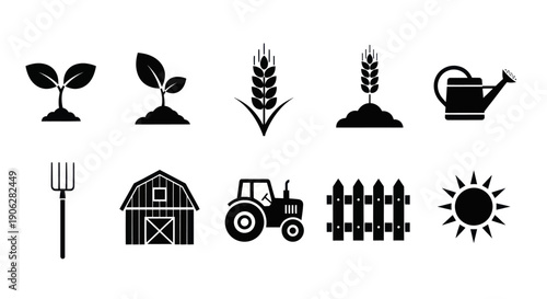 Set of Agriculture and Farming Icons with Barn Tractor Sun