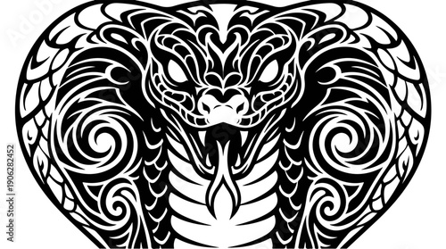 Intricate black and white cobra design with detailed patterns.
