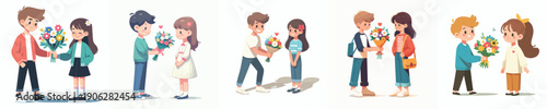 vector of two children standing giving flower