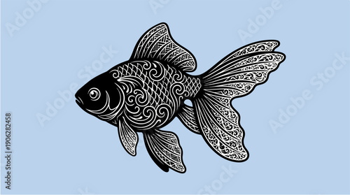 Intricate black goldfish illustration against a light blue backdrop.