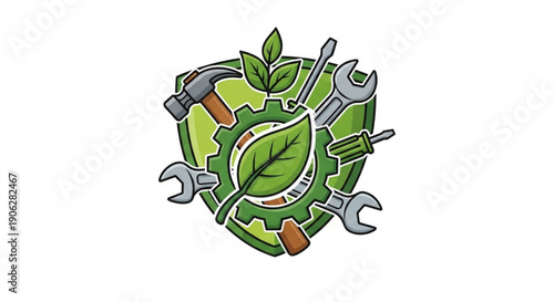 Eco friendly tools and green leaves on a gear background for sustainable living and environmental conservation