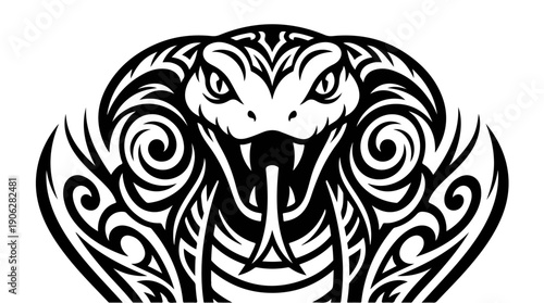 Intricate cobra snake head illustration with tribal patterns.