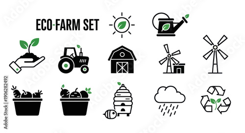 Eco Farm Set Icons with Windmill Recycling Barn and Tractor