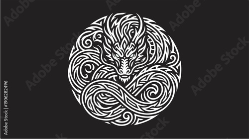 Intricate Dragon Artwork - A Detailed Circular Illustration.