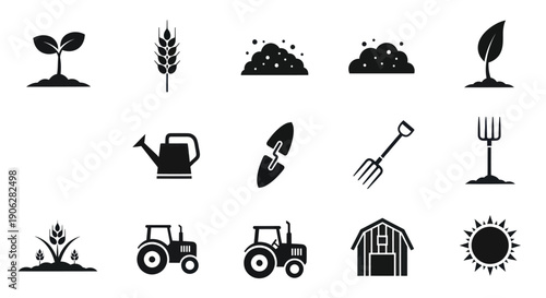 Farming Equipment and Agriculture Icons with Tractor Barn and Sun