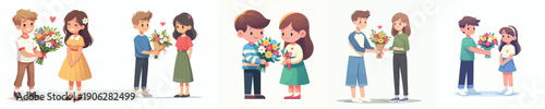 vector of two children standing giving flower