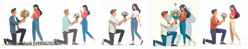vector of a couple propose gesture giving flowers on Valentine's Day