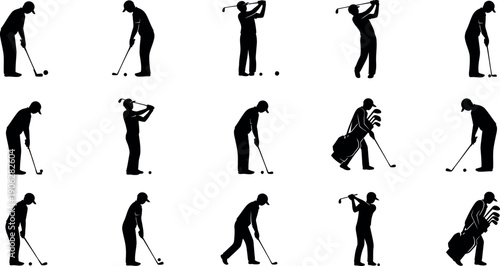 Golf sport silhouette collection various swing actions and poses
