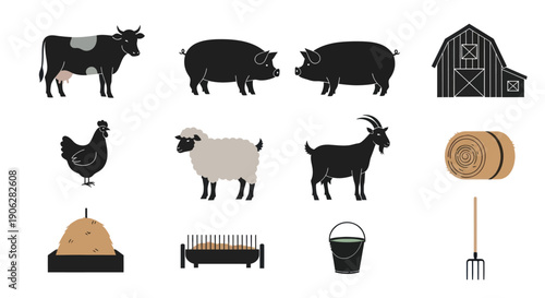 Livestock Animals and Traditional Barn Yard Silhouette Icon Set