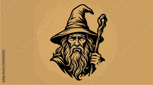 Mystical Wizard with Staff and Hat, Portrait Illustration.