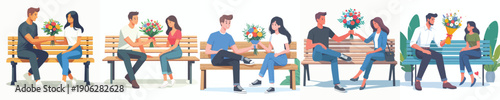 vector of  couple sitting on park bench giving flowers on Valentine's Day