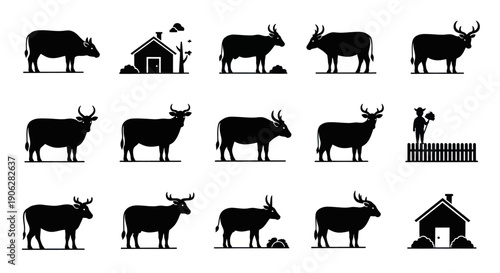 Set of Black Farm Animal Cow Silhouettes on White Background
