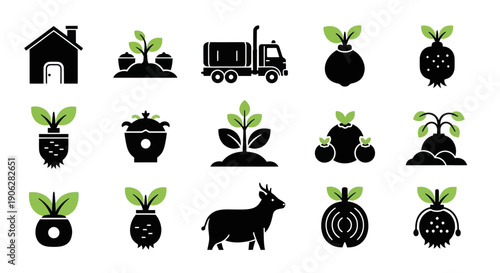 Fresh Organic Vegetable Icons and Farm Animal for Food Industry