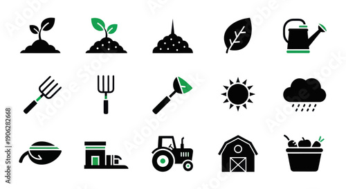 Farming Equipment and Garden Tool Icons for Rural Life Concept