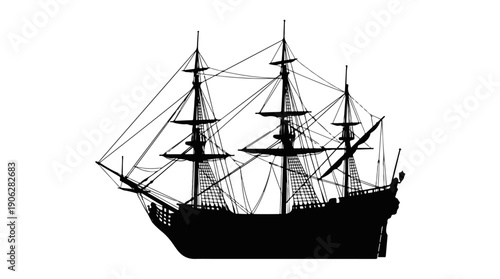 Silhouette of a majestic sailing ship against a white background.