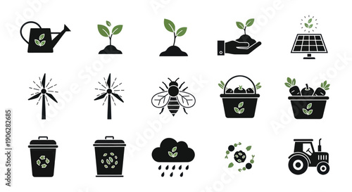 Sustainable Green Farming and Renewable Energy Icons for Eco Environment