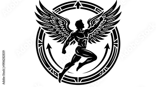 Winged figure soaring, a symbol of aspiration and strength, in flight.