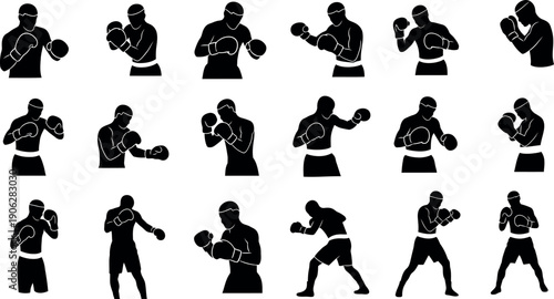 Boxer sport silhouette collection various fighting stances and moves