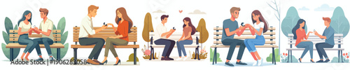 vector of  couple sitting on park bench giving ring on Valentine's Day
