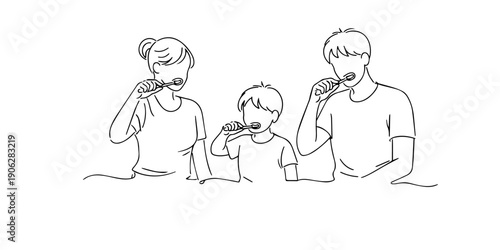 Single line illustration of a family brushing teeth together. line art daily hygiene routine, healthy lifestyle, and family care, representing dental health, cleanliness, and morning or evening habits