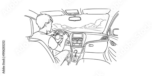 Single line style illustration of a man driving a car. Minimalist line art showing transportation activity, daily commute, and modern lifestyle, representing mobility, travel, and everyday routine.