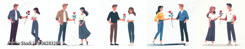 vector of a couple standing giving a rose on Valentine's Day