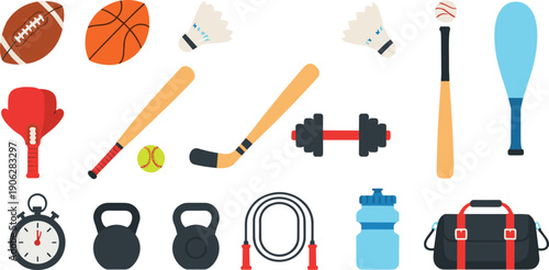 Sports equipment icon set featuring balls, rackets, fitness weights, training accessories, and athletic gear for exercise and competition in flat vector style