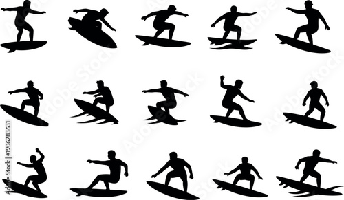 Surfing silhouettes collection diverse sport poses and actions
