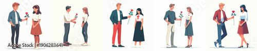 vector of a couple standing giving a rose on Valentine's Day