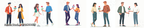 vector of a couple standing giving a rose on Valentine's Day