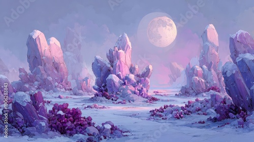 A futuristic landscape with alien rock structures under a purple-hued sky
