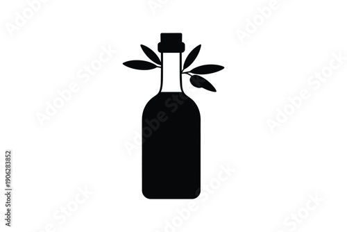 Olive oil glass bottle silhouette icon with organic branch and leaves isolated on white background for design