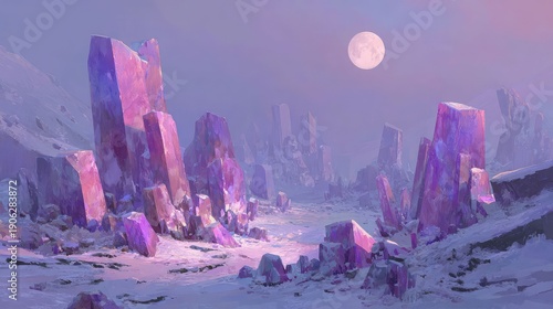 A futuristic landscape with alien rock structures under a purple-hued sky

