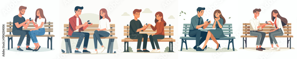 Obraz premium vector of couple sitting on park bench giving ring on Valentine's Day