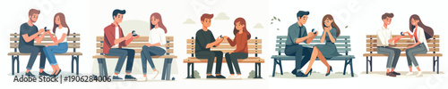 vector of  couple sitting on park bench giving ring on Valentine's Day