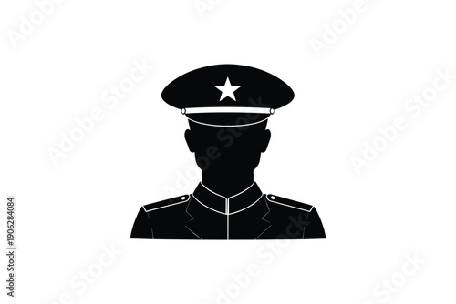 Military officer portrait silhouette wearing uniform with star cap and epaulettes on white background design